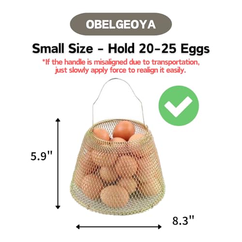 Collapsible Round Egg Basket - Metal Wire Storage with Handles, Perfect for Hanging & Family Farm Gathering - Gloden Basket for Chicken Farm, Holds 25 eggs, Small