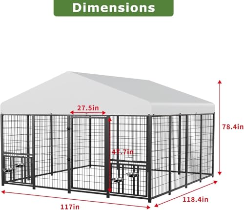 ROOMTEC Large Dog Kennel Outdoor Pet Pens Dogs Run with 4 Bowls (10' L x 10' W x 6.5'H) - size: 10’L x 10’W x 6.5’H