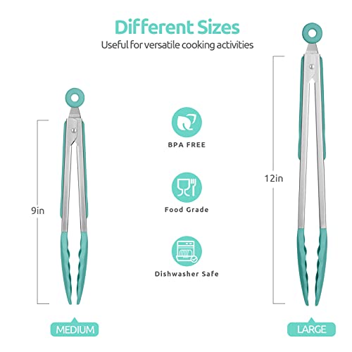 U-Taste 600ºF Silicone Turner Set 13.6in Solid Slotted & Spatula Set Heat Resistant & 600ºF Tongs Set 9 12inch Nonstick Stainless Handle(Aqua Sky)