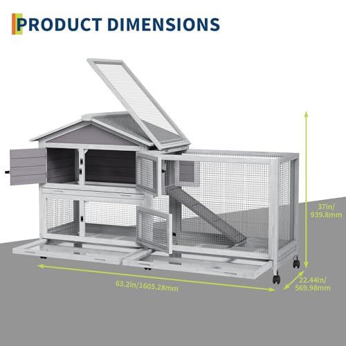 2-Story Wooden Rabbit Hutch & Chicken Coop with Wheels, Indoor/Outdoor Bunny Cage with Waterproof Roof, Removable Cleaning Tray & Access Ramp for Chicken, Rabbit - size: 63.2 inch