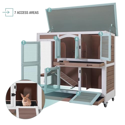 Rabbit Hutch Indoor Bunny House Guinea Pig Cage with Sliding Plastic Trays, Wheels & Ramp, 47.2" Multi-Door Wooden Small Animal Cage for Rabbits, Bunnies, and Guinea Pigs (Brown) - color: Brown