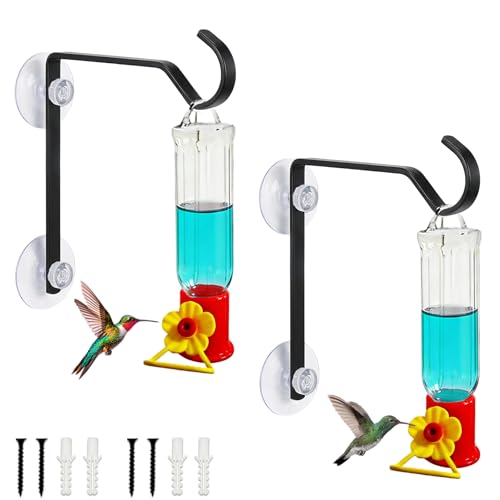 2 Pack Window Hummingbird Feeder with Hooks, 2 Mini 2.2oz Transparent Plastic Flower Feeders, Heavy-Duty Metal Suction Cup Hangers, Dual Installation for Window, Glass & Wall - color: 2Pcs-Bule