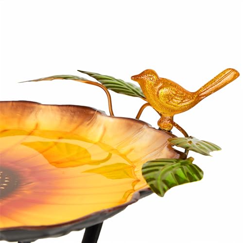 Alpine Corporation ORS882 Outdoor Metal Birdbath w/ Stylish Stand, Sunflower Birdbath Bowl and Stand Set, 29"H, Yellow/Green - color: Yellow/Green