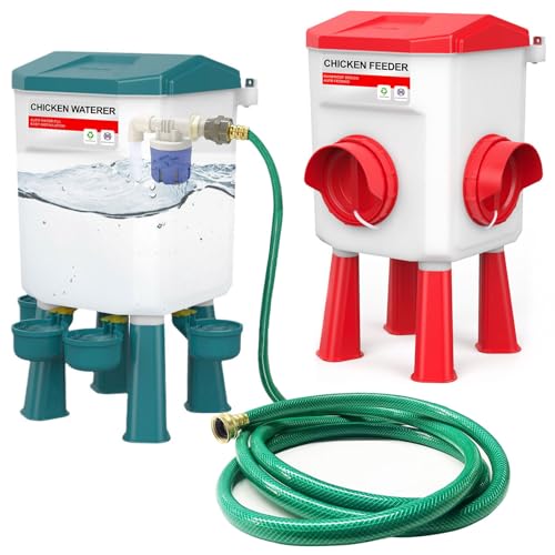Float-Controlled Automatic Chicken Waterer & No Waste Feeder Kits - Chicken Coop Accessories, Poultry Waterer and Feeder, Two Buckets 3 Gallon/18-23 Pounds - color: Blue+Red