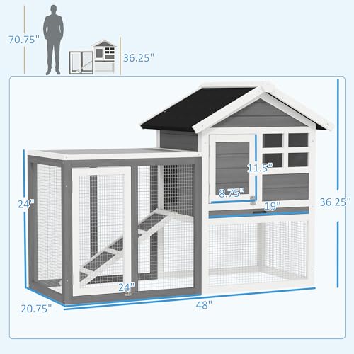 PawHut 49" Wooden Rabbit Hutch Bunny Cage with Fun Outdoor Run Gray | Waterproof Asphalt Roof, Removable Tray and Ramp, for Rabbits, Chickens, Ducks - color: Grey