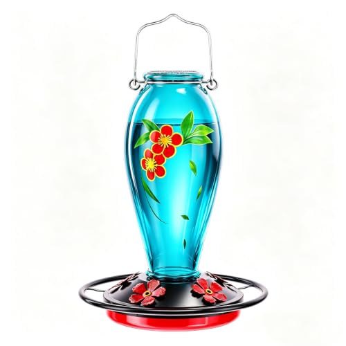 24 OZ Hummingbird Feeder for Outdoors Hanging, | Heavy-Duty Thick Glass Bird Feeder with Floral Decals, Leak-Resistant Metal Base with 5 Feeding Ports & Perch - color: Blue