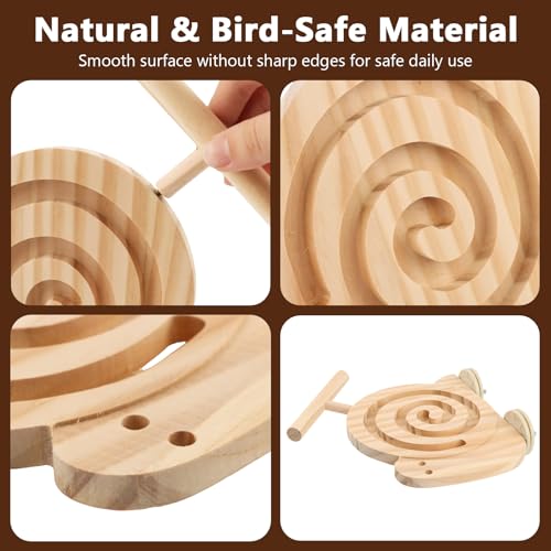 Bird Foraging Toys with Perch, Visible Slow Feeder Wooden Puzzle, Winding Grooves Help Reduce Mess, No Glue & No Exposed Screws, Include Extra Chew Perch for Novice/Older Birds
