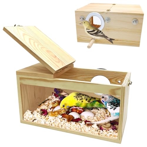 PINVNBY Large Natural Wood Parakeet Nesting Box Budgie Breeding Box Acrylic Bird Nest for Cage Transparent Panoramic for Birds, Parrots, Cockatiels, Lovebirds, Canaries (XL: 13.3 x 7.8 x 7.08 inch) - size: XL: 13.3 x 7.8 x 7.08 inch