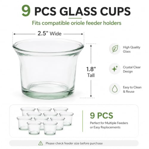 DECHOUS 9Pcs Glass Birds Feeder Replacement Cups, Oriole Jelly Feeder Cups | 2.5 Inch, Jelly Feeder Cups for Oriole and Hummingbirds, Garden, Patio, Balcony, Outdoor Bird Feeder Accessories