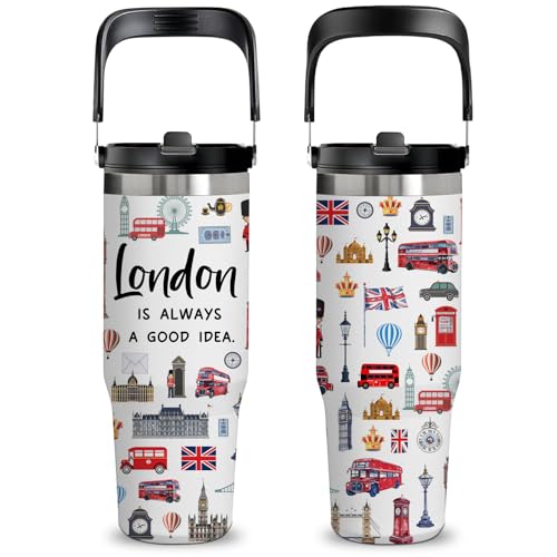 30oz London-Themed Gift Tumbler with Handle - Stainless Steel Travel Mug Featuring British Landmarks, Double Wall Thermal Cup for Tea & Coffee Lovers, Christmas Birthday Present for City Explorers - color: London1