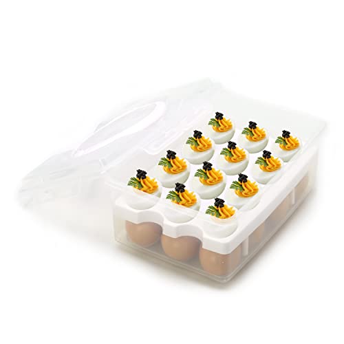 2 Tiers Egg Container Deviled Egg Carrier Eggs Holder with Handle Fridge Freezer Storage by DELIFUR (White) - color: White