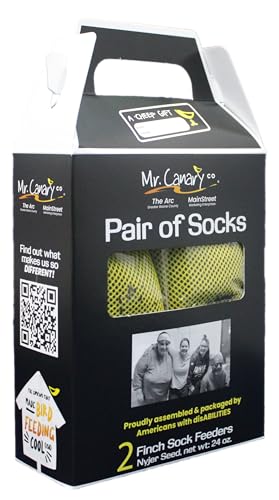 Yellow 'Pair of Socks' Finch Sock Feeders, 2pk, Seed-Filled All-Season Feeders, 24oz Total