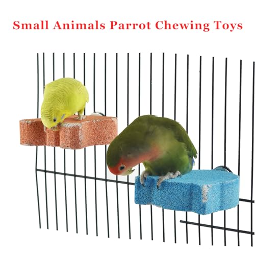 2Pcs Bird Beak Grinding Stone Perch Parrot Calcium Chewing Claw Trimmer Toy | Bird Cage Natural Volcanic Rock Mineral Platform Stand, Chinchillas Rabbits Lava Blocks Chews for Teeth, Small Medium Parrots