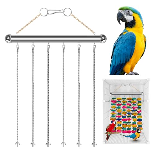 Stainless Steel Parrot Toy Hanging Rack, Large Bird Toy Stand with 6 Hanging Cables & Swivel Hooks, Chew Toy Holder for Macaws, Cockatoos, African Greys, Bird Cage Accessory for DIY Toy - color: SILVER