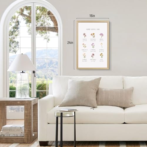 RLKHG Wood Framed God Says I Am Wall Art, Christian Scripture Nursery Wall Decor, Inspirational Bible Verse Poster Print, Floral Religious Faith Artwork for Baby Room Girls Bedroom 12x16 Inch - color: Floral, size: 16"L x 12"W
