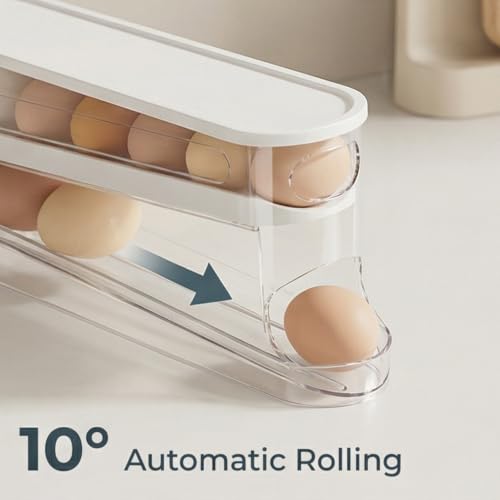 Auto-Rolling Egg Dispenser with Lid, Transparent, 1 Pack | Fridge Egg Organizer, Side-Door Slide Design, Stackable & Space-Saving, Easy Access, Holds 14–16 vs. Standard 12