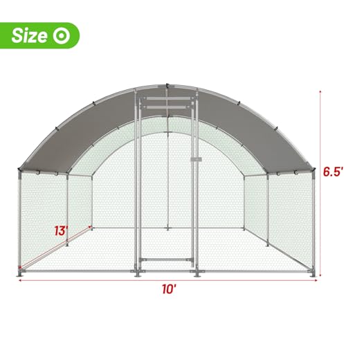 NUGRIART Large Metal Chicken Coop Walk-in Poultry Cage with Water-Resident and Anti-UV Cover Duck Rabbit Cat House Outdoor Chicken Run Pen with Round Roof - size: 13’L×10’W×6.5’H