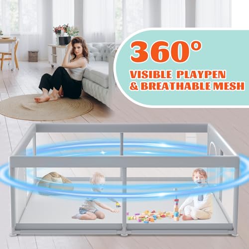 XVISHX Baby Playpen, 79''x79'' Extra Large Playpen for Babies and Toddlers, Baby Fence Play Pen for Indoor & Outdoor, with Soft Breathable Mesh Grey - size: 79 × 79 Inch