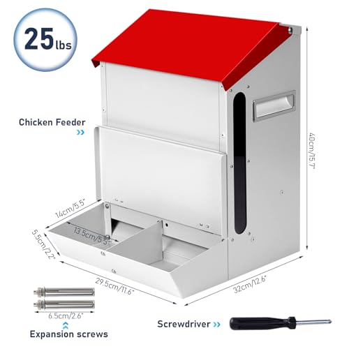 Automatic Chicken Feeder 25lb,Outdoor Galvanized Metal Poultry Feeder No Waste Rat Proof Feeder Trough with Lid Hanging Chicken Feeder Dispenser for Quails,Bantams, Ducks and Turkey