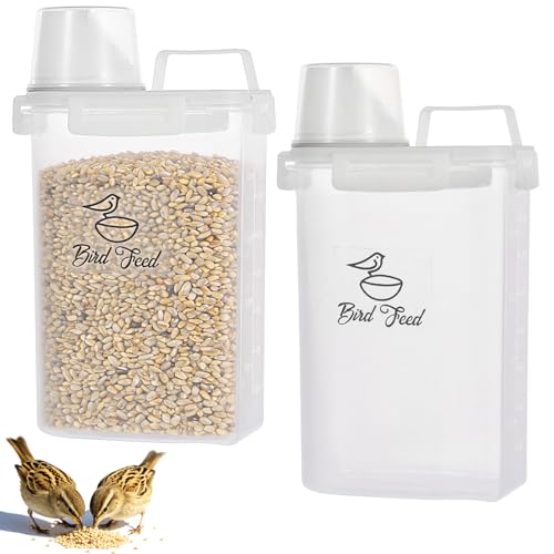 2 Pack Bird Seed Storage Container Airtight- 3 Qt/2.8L Portable Bird Seed Dispenser Pet Food Container with Measuring Cup for Birds Seeds Chicken Feed Pet Food Rice Grain Flour, BPA Free