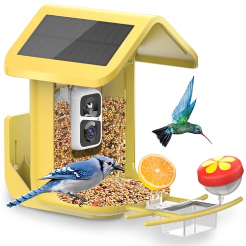 Bird Feeder with Camera Solar Powered : Smart Camera Bird Feeder 2K Live Steam for Outdoor, 5MP Photos, AI Identification, 1.8L Large Capacity, Gifts for Mom Dad, Built in Dual Solar Panel - color: Yellow