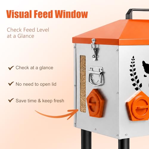 TGEYD 50LB Large Chicken Feeder – 8 Feeding Ports, No-Waste Poultry Feeder with Transparent Viewing Window, Anti-Roost Lid, & Scale-Mark Round Legs - size: 50LB