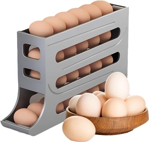 4 Tiers Egg Holder for Fridge Automatic Rolling Egg Dispenser 30 Eggs Storage Rack FIFO Egg Holder for Refrigerator Space-Saving Large Capacity Egg Roller Container Slim Gravity Egg Organizer - color: GREY