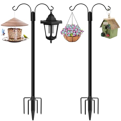 Shepherds Hooks for Outdoor, 2-Pack 60 Inch Heavy Duty Bird Feeder Pole, Garden Pole for Hanging Plants, Lantern, Hummingbird Feeder, Hanging Plant Stand with 5 Base Prongs - size: 60 Inch, style: Style D