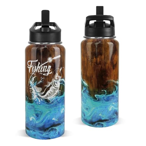 Fishing Water Bottle with Straws Fish Insulated Water Bottle Gifts for Men Dad Papa Husband Fisherman Fathers Day,Anniversary,Christmas,Birthday Travel Thermal Double Walled Vacuum Cup-32 oz - color: brown fishing
