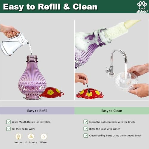 Glass Hummingbird Feeder for Outdoors Hanging, 20 oz Nectar Capacity, 6 Feeding Ports, Leak-Proof Rust-Free Plastic Base, Easy to Refill & Clean, Decorative Purple Glass Bird Feeder for Garden Patio - color: Purple, size: 20 Fluid Ounces