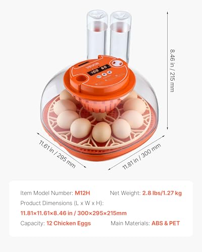 VEVOR 12 Egg Incubator, Automatic Egg Turner with LED Candler, Temperature & Humidity Control, 360° View Clear Window, Poultry Eggs Incubator for Home Farm, Hatching Chicks Ducks Goose Quail - size: 12 Eggs
