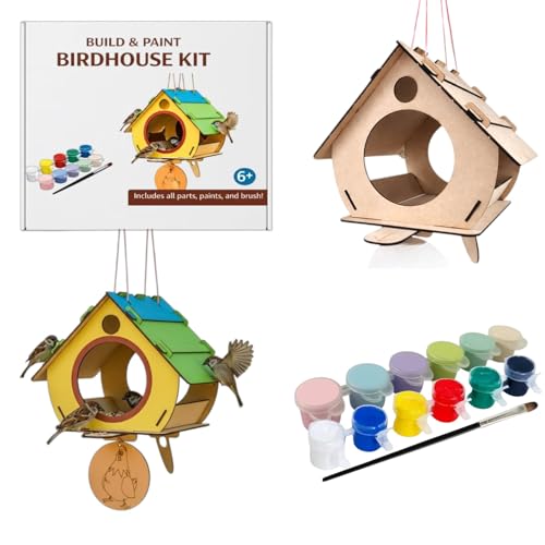 BAGJI TOYS Bird House Kits for Kids Ages 4-8, Wooden DIY Birdhouse Kit, Outdoor Woodworking Crafts Freestyle Painting, Bird Houses for Outside with Paints & Brushes, Boy Girl Gift Christmas