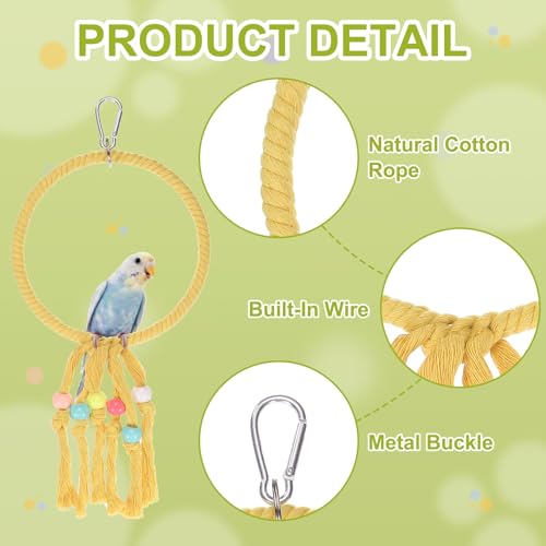 Bird Rope Perch Swing, Rope Ring Perch Standing Pole Accessory Climbing Swing Paw Grinding 13.7 Inch, (Yellow) Intended for Parrot/Parakeet/Budgies/Cockatiels/Lovebirds - color: Yellow, size: 13.7 Inch
