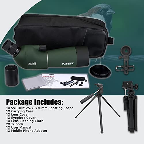 SVBONY SV28 Spotting Scope for Target Shooting with Upgrade Tripod Stable | 25-75x70mm Spotter Scope, Fold Down Eyecup/ Phone Adapter/ Carry Bag, Waterproof Beginner for Bird Watching Wildlife Viewing - style: 25-75x70 With Upgraded Tripod