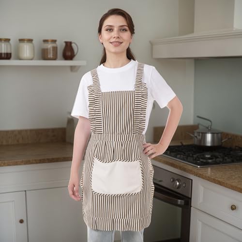 Cute Cotton Apron for Women, Adjustable Bib Cooking Kitchen Aprons with Pockets for BBQ Drawing Baking - color: Brown