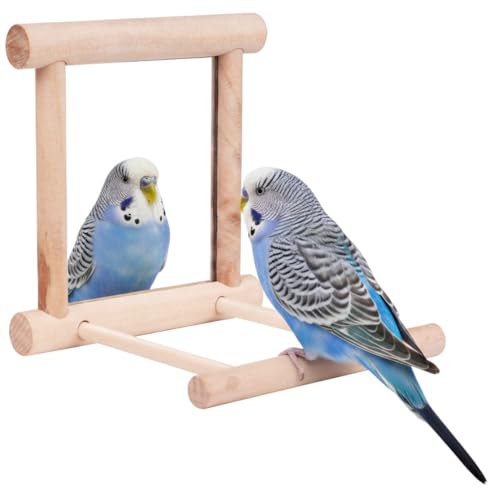 Bird Mirror Toy for Parakeet, Budgie, and Lovebirds - MINI-FACTORY Safe Enrichment Cage Accessory with Natural Wood Perch for Small & Medium Birds