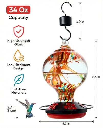 Hummingbird Feeder for Outdoors, 34 oz Hand-Blown Glass Bird Feeders | Unique Garden Gift, Decorative Inner Glass Humming Bird Feeder with Ant Moat Hook, Bee Guard Ports, Brush, Sunset Red - color: A Sunset Red