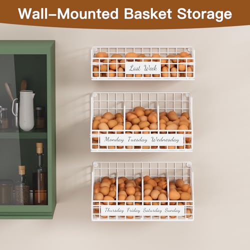 Egg Basket, Stackable Wall Mount Countertop Egg Holder with Weekday Labels | Rustproof carbon steel basket with adjustable dividers, ideal for farm eggs, backyard poultry, small kitchen & pantry storage - color: White, size: 3-Tier（with printed labels）