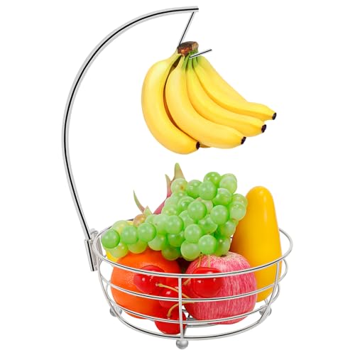 Livabber Countertop Fruit Basket Bowl with Banana Hanger, Modern Standing Fruit Vegetable Bowl Storage, with Banana Tree Holder for Kitchen Dinning Table (Round Metal, Chrome) - color: Chrome, style: Round Metal