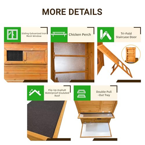 2-Story Chicken Coop for 6-8 Chickens, Sturdy and Easy to Assemble | Spacious 3 Nesting Boxes, Easy-To-Clean Pull-Out 2 Trays, Featuring A Foldable Ramp, And Asphalt Roof