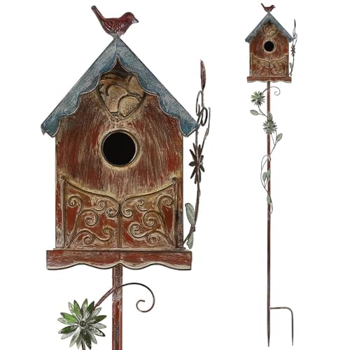 Baroque Cottage Bird House Stake for Outside with Pole, Distressed Metal Birdhouse Stand for Outdoor Garden,Purple - style: Baroque