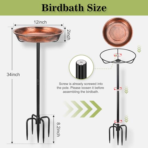 Gtongoko Metal Bird Bath for Outdoors, 34" Tall Bird Bath with 12" Removable Bowl, Heavy Duty 5-Prong Stable Base, Easy-to-Clean Heavy Duty Birdbath & Bird Feeder for Garden, Patio, Yard - size: 12″ dia, 2″ depth bowl
