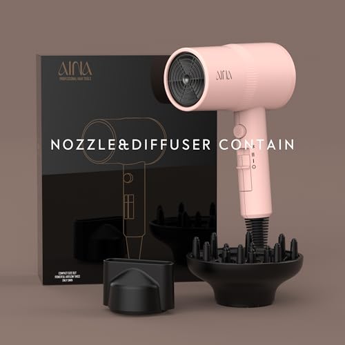 AINA Diffuser Hair Dryer Full-Featured Blow Dryer 110V/1600W(Babe Pink) | 3 Heat/2 Speed;Cold shut button;Lightweight;Compact Size;High Temp;Low Airflow;Same Results;Less Expense - color: Babe Pink, size: 3 Piece