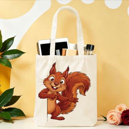 Cartoon Canvas Tote Bag, Gifts for Women Men Birthday Christmas Reusable Tote Shoulder Bag for Grocery Shopping 01 - color: Squirrel 467