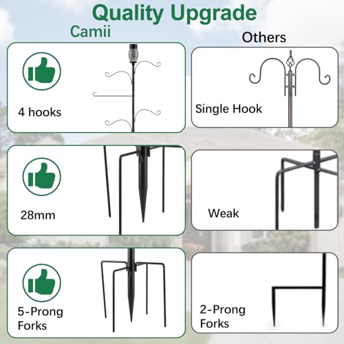 Camii Solar Shepherds Hooks for Outdoors, 80" Bird Feeder Pole with Light, Flag Holder, 5 Prongs Base, Garden Flag Holder for Hook Bird Feeder, Plant Baskets, Lantern
