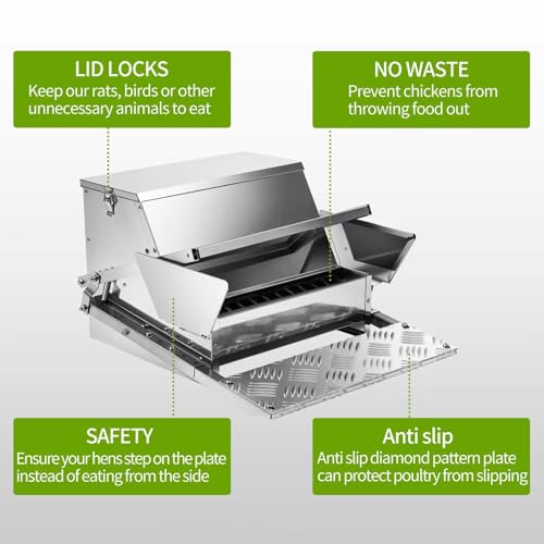 RYFT Automatic Chicken Feeder 25 lb Galvanized Steel Poultry Feeder, Up to 12 Chickens 10 Days with Weatherproof Lid, for Chickens, Ducks, Fowl