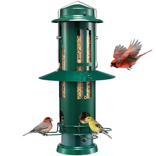 Kingsyard Squirrel Proof Bird Feeders for Outdoors Hanging | 4 Ports with Weight-Activated Perch, Chew-Proof Metal, Removable Easy-to-Clean Base, 3 lb Seed Capacity, Green - color: Dark Green