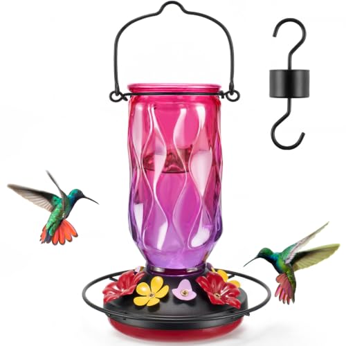 Kingsyard Glass Hummingbird Feeder for Outdoors Hanging, 20 oz Leak-Proof Wild Bird Nectar Feeders with 9 Bee Guard Ports & Ant Moat, Garden Yard Art Decor Gifts for Mom, Purple - color: Purple