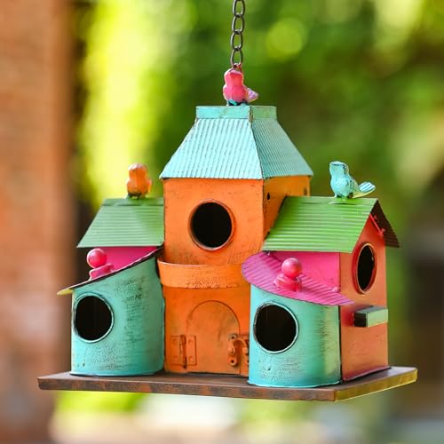 Large Bird Houses for Outside Hanging, Colorful Metal Bird Houses for Outside with 5 Compartments, Easy-Clean Front & Back Doors, Escape Holes & Ventilation, Weatherproof birdhouses for Outdoors - style: Colorful 3