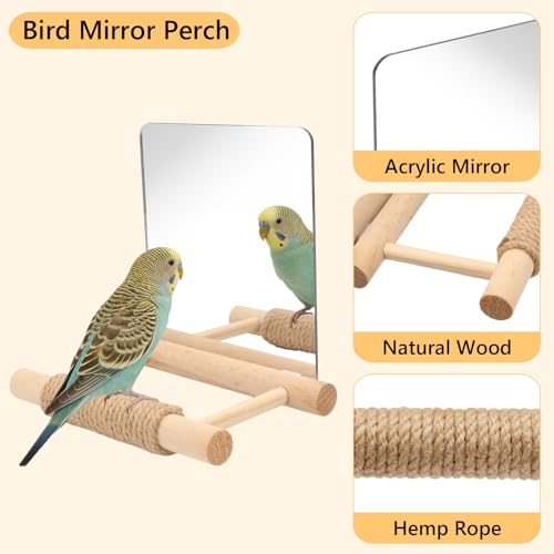 Litewoo 6.7" Bird Mirror for Cage Wooden Hanging Parrot Perch Swing Toy | Acrylic mirror with wooden stand, hemp rope for foot care, reduces bird loneliness, for parakeet/budgie/cockatiel/lovebird